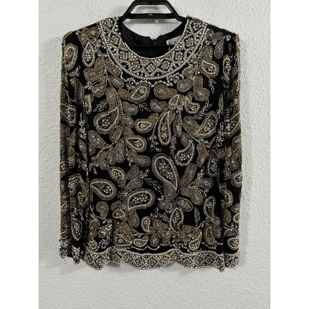 Vintage Oleg Cassini Black Tie Shirt Womens Small Beaded Silk Paisley 90s *Flaws
